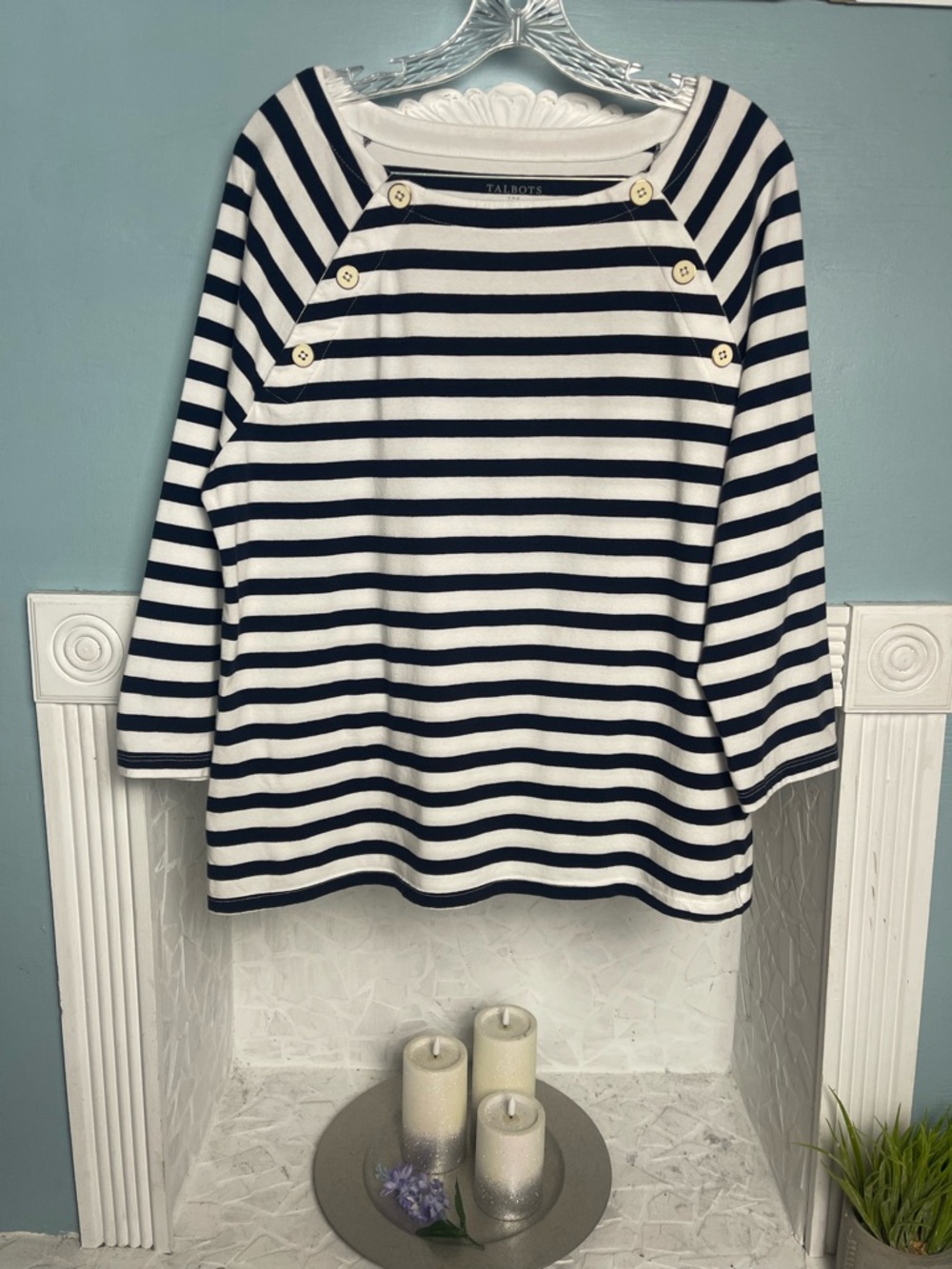 Talbots Navy and White Striped Soft Boatneck Top with Gold Buttons Nautical Look